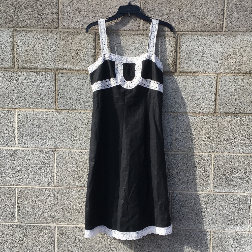 Ann Taylor Loft Size 8 Black A line Dress Lace Detail 100% Linen Pinafore Lined